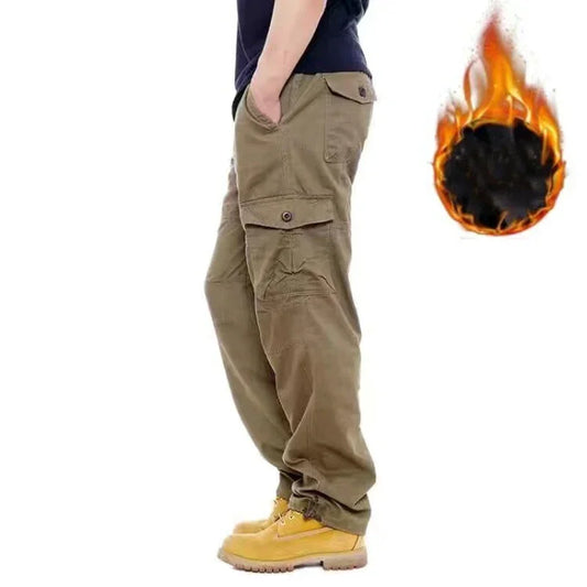 Winter Thick Fleece Casual Pants Men Cotton Hunting Tactical Baggy Cargo Pants Double Layer Warm Thermal Straight Long Trousers