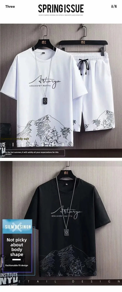 Ice Sensation Loose Fit Summer Short Sleeve Basketball Men's T-Shirt Set Quick Dry Breathable Comfortable Two Piece Suit - Ellianto fashion Men's