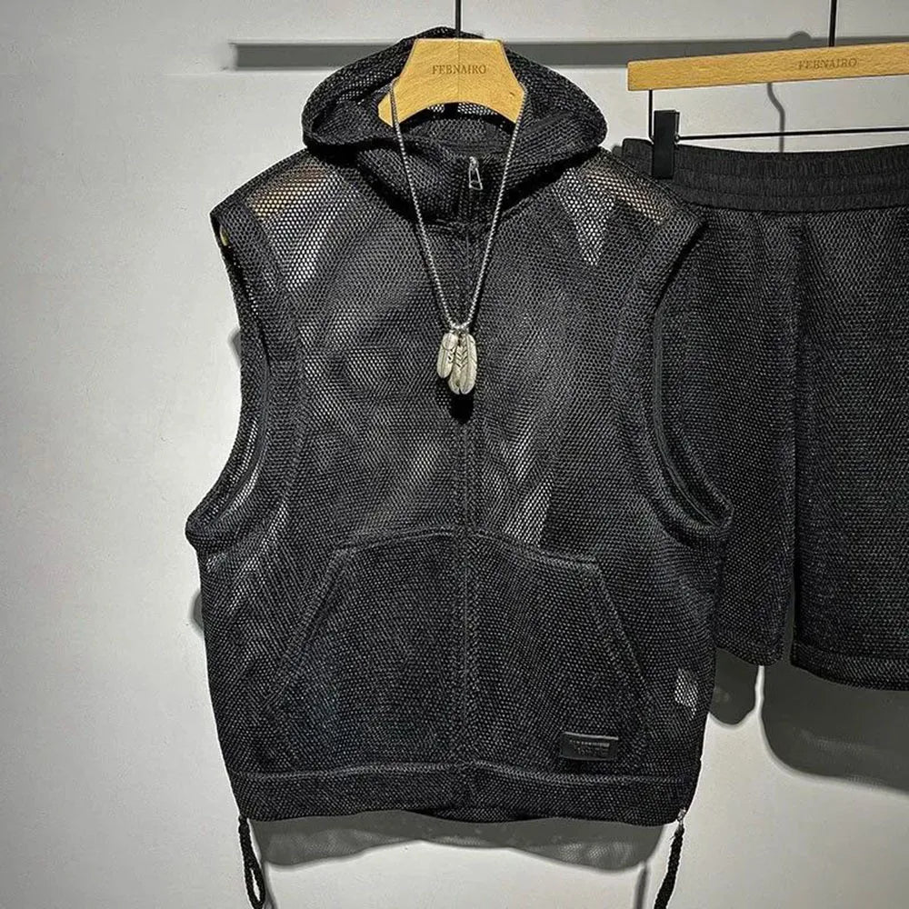 Mens Casual Two-Piece Clothing 2025 Summer Men'S Solid Color Full-Print Mesh Fashion Trend Loose Shorts Hooded Vest Mens Suit - Ellianto fashion Men's