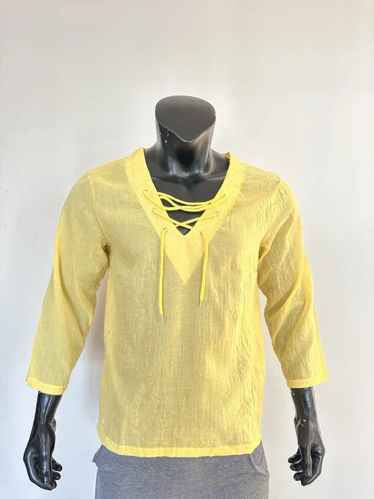Cross border foreign trade men's V-neck lace up top casual summer solid color seven quarter sleeved men's shirt - Ellianto fashion Men's