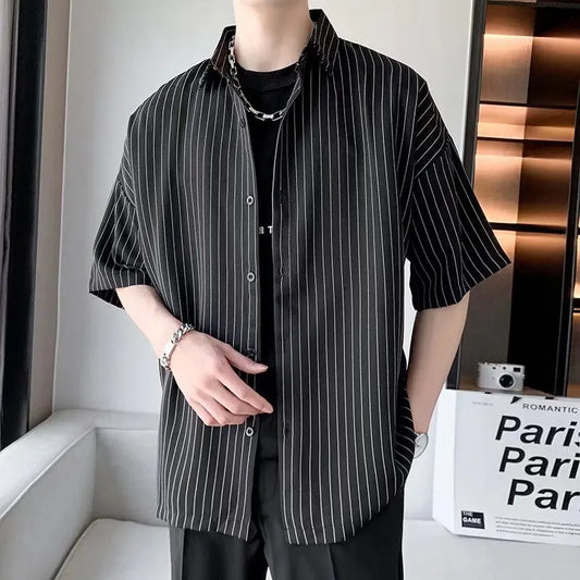 Striped Shirt men Japanese Casual Oversize Trend Black Unisex gothic Short Sleeved Blouses - Ellianto fashion Men's