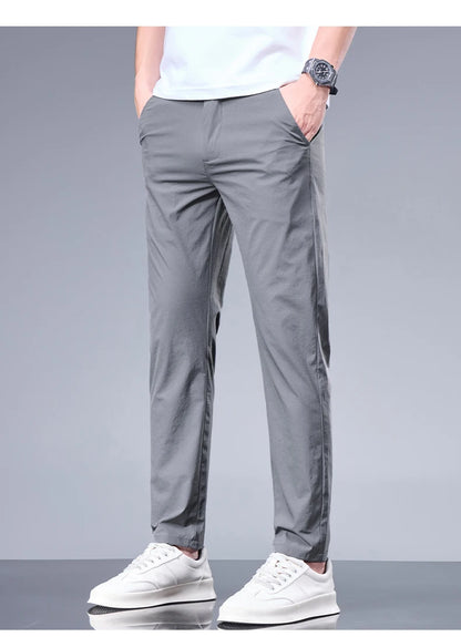 Summer New Business Ice Silk Pants Straight Elastic Waist Black Gray Trousers Breathable Simple Male Clothing Casual Suit Pants - Ellianto fashion Men's