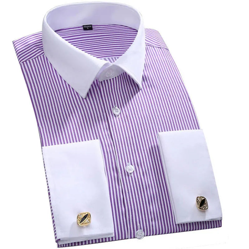 M~6XL Men's French Cuff Dress Shirt White Long Sleeve Social Male Shirts Regular Fit Party Dinner Wedding Cufflinks Formal Shirt - Ellianto fashion Men's