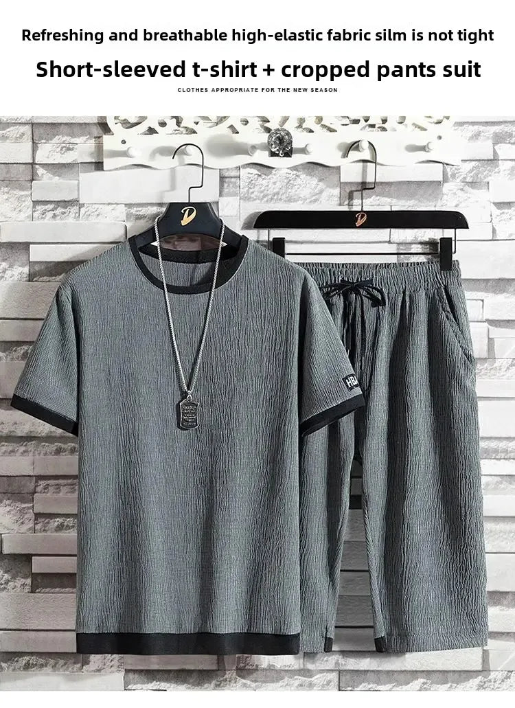 Ice Silk Summer Casual Sports Suit Men's Short Sleeve T-Shirt Shorts Set Fashionable Two-Piece Set for Men Comfortable Breathabl - Ellianto fashion Men's