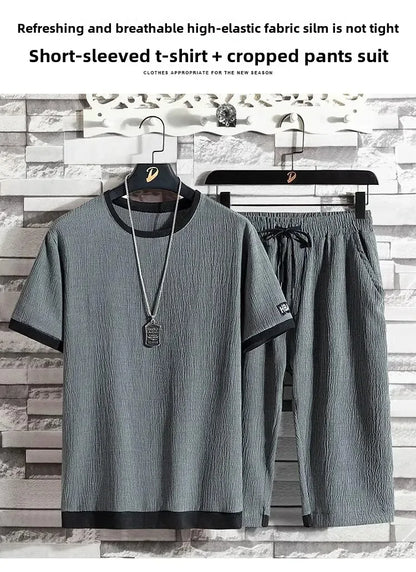 Ice Silk Summer Casual Sports Suit Men's Short Sleeve T-Shirt Shorts Set Fashionable Two-Piece Set for Men Comfortable Breathabl - Ellianto fashion Men's