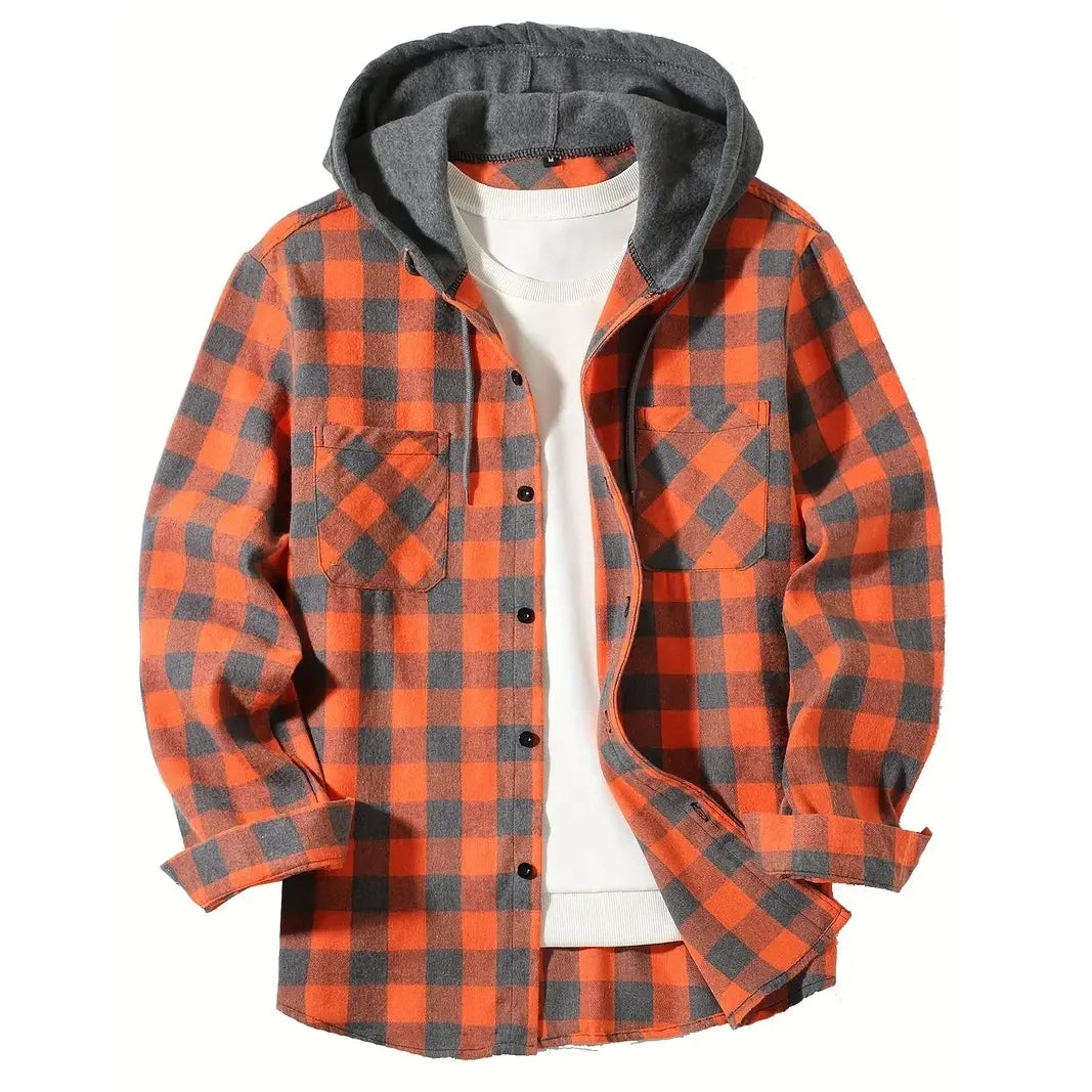Men's Shirts Classic Plaid Casual Button Down Hooded Long Sleeved Double Pockets Shirt Hoodie Flannel Jacket Spring Autumn Tops - Ellianto fashion Men's