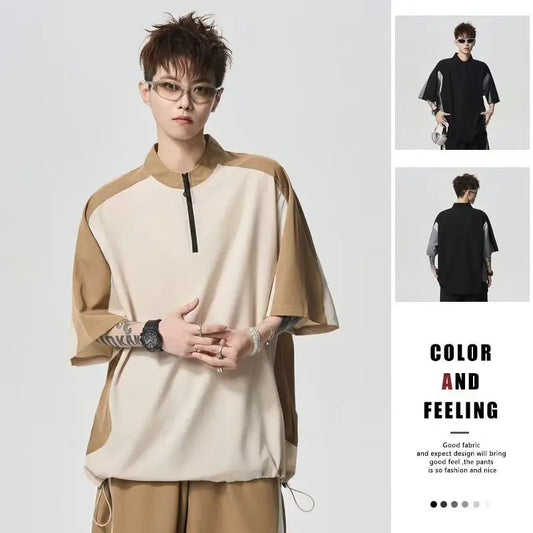 2025 New Men's Black Gray Color Blocked T-shirt Mountain Style Quick Drying Training Suit Fashionable Zipper Collar Sports Top - Ellianto fashion Men's