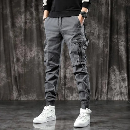 Trendy Men's Spring Autumn Cargo Pants Slim Fit Casual Style Loose Fit American Style Multiple Pocket Small Foot Pants Black - Ellianto fashion Men's