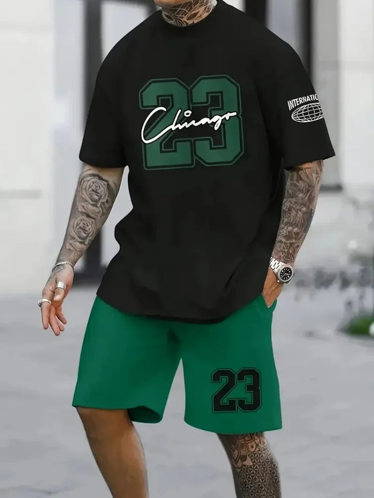 Set 2025 trend Printed Short Sets Tracksuit Plus Size Short-Sleeve Summer Tees $ Shorts Suit Holiday Sports Basketball Number Set - Ellianto fashion Men's