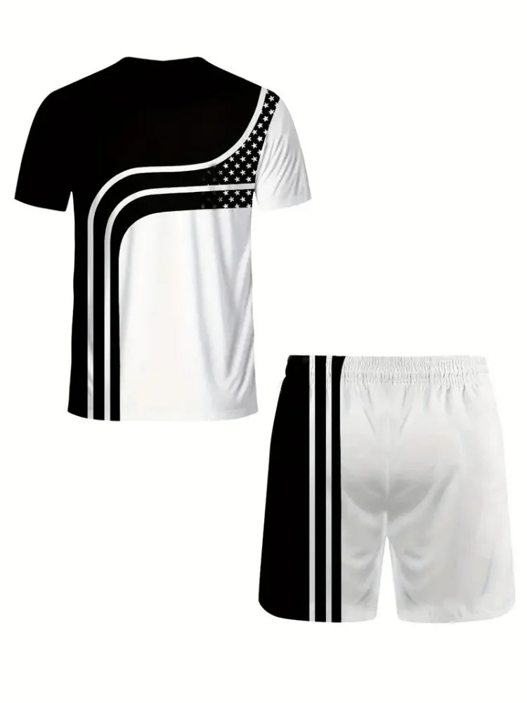 Set Hook Striped Printed Men's 2 Piece Short Sets 3D Print Short-Sleeved T-shirt and Elastic Waist Shorts Tracksuit Holiday Summer - Ellianto fashion Men's