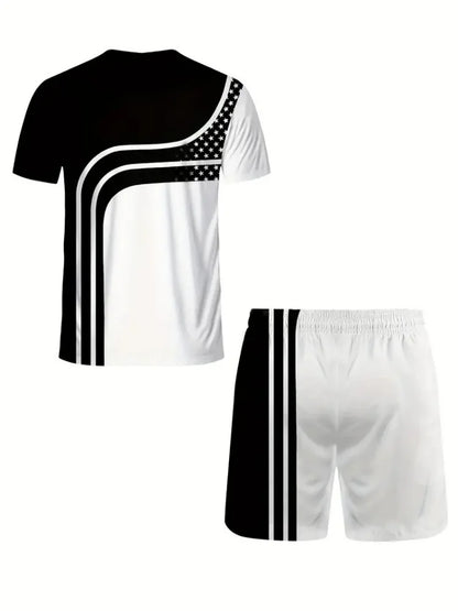 Set Hook Striped Printed Men's 2 Piece Short Sets 3D Print Short-Sleeved T-shirt and Elastic Waist Shorts Tracksuit Holiday Summer - Ellianto fashion Men's
