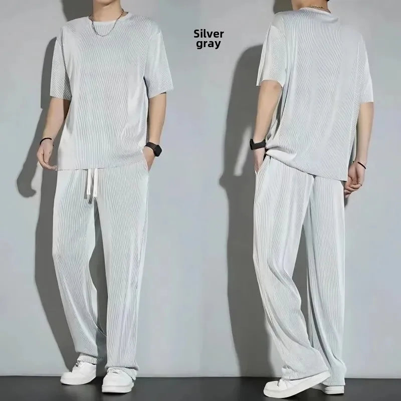 Casualsuit Ice Silk Sports Men's Summer Thin Short Sleeves T-shirt Quick Dry Long Pants Matching Half Sleeve Clothes Set - Ellianto fashion Men's