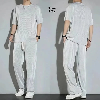Casualsuit Ice Silk Sports Men's Summer Thin Short Sleeves T-shirt Quick Dry Long Pants Matching Half Sleeve Clothes Set - Ellianto fashion Men's