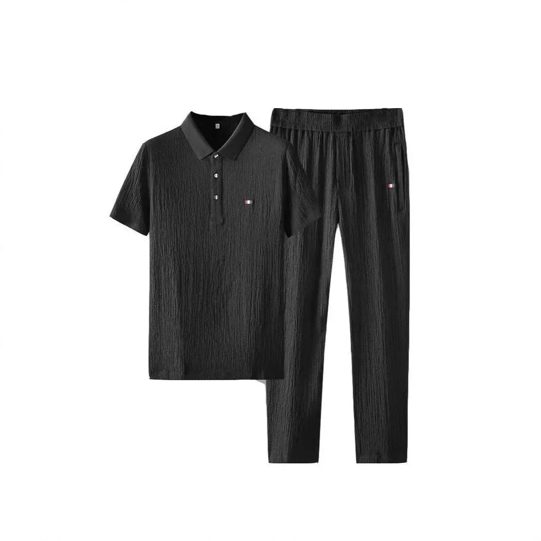 Summer Men's Casual Thin Polo Collar Two-Piece Suit Set Fashionable Flip Collar Male Clothing Full Set Integrated Ensemble - Ellianto fashion Men's
