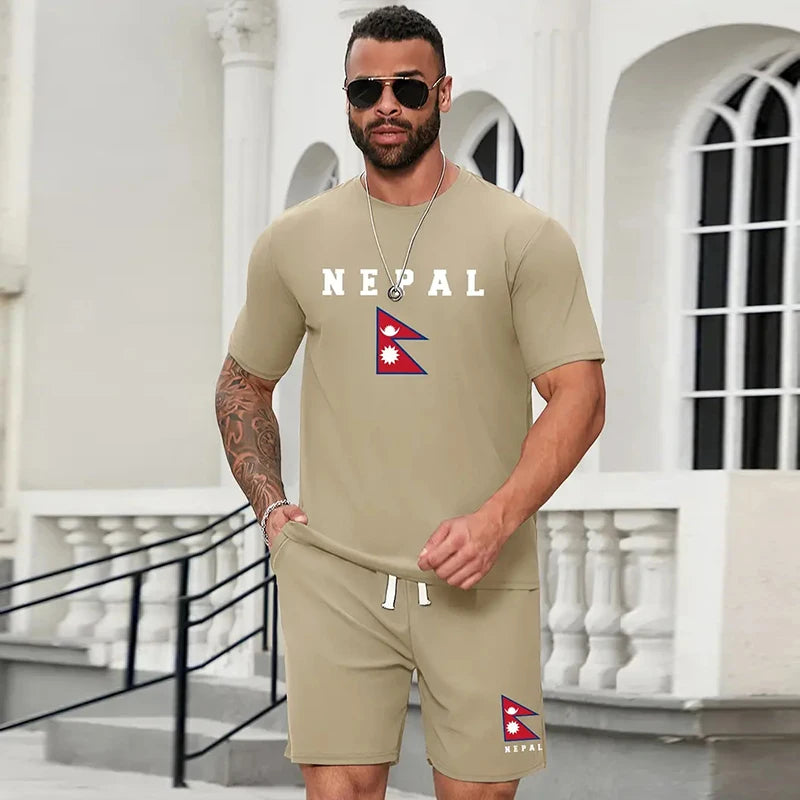 set / 2025 New Fashion Design Men's T-Shirt Men's Sports Drawstring Shorts Simple Printed Men's 2-Piece Summer Gym Breathable Suit - Ellianto fashion Men's