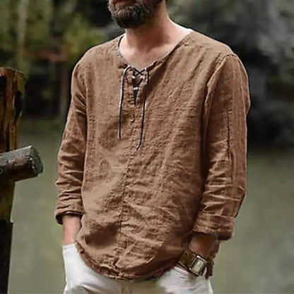 New Men's Cotton Linen shirt Male Solid Color V Neck bandage T-shirts Summer Men's Casual Long Sleeves Linen shirt Tops S-3XL - Ellianto fashion Men's