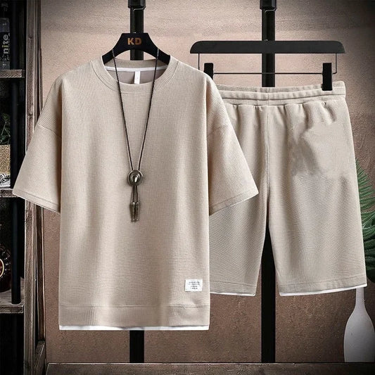 Casual Men's Sportswear Set Summer Short Sleeve Drawstring Shorts Loose Five-Quarter Pants Thin Male Outfit Two-Piece Suit - Ellianto fashion Men's