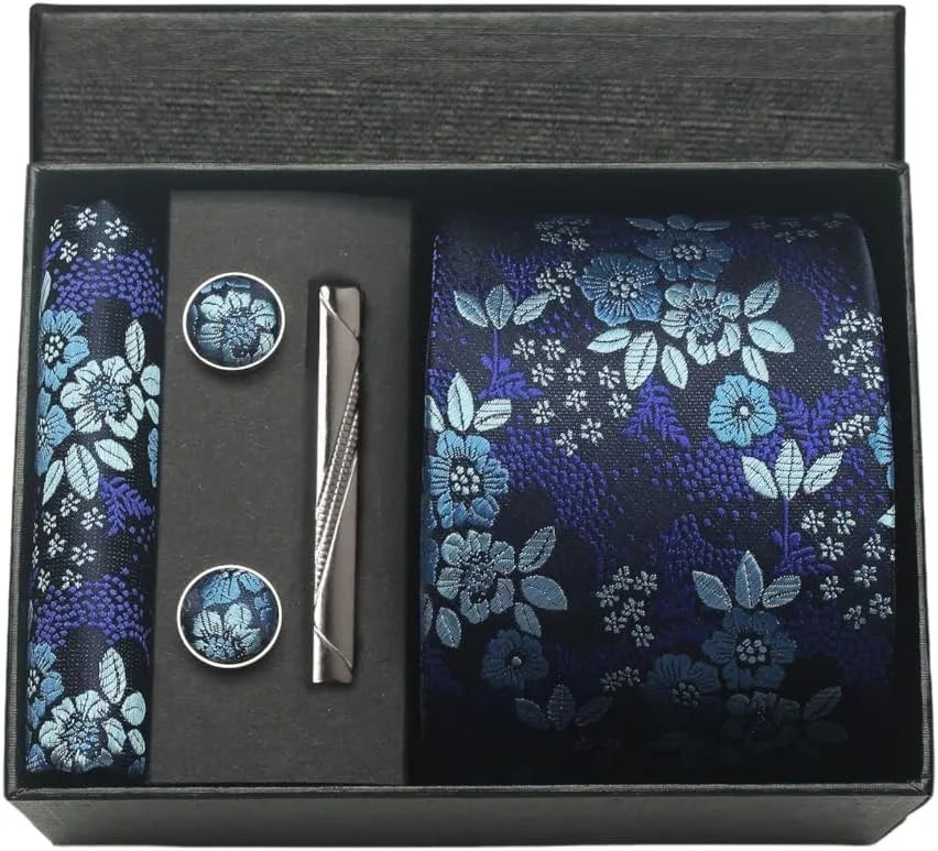 100% Silk Necktie Paisley Floral Mens Tie Top Quality Business Tie Pocket Square Tie Clip Cufflinks Set Classic For Men Gift Box - Ellianto fashion Men's
