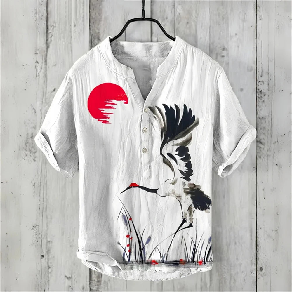 New short-sleeved V-neck shirt short-sleeved 3D printed linen shirt retro fish linen shirt comfortable men's breathable shirt - Ellianto fashion Men's