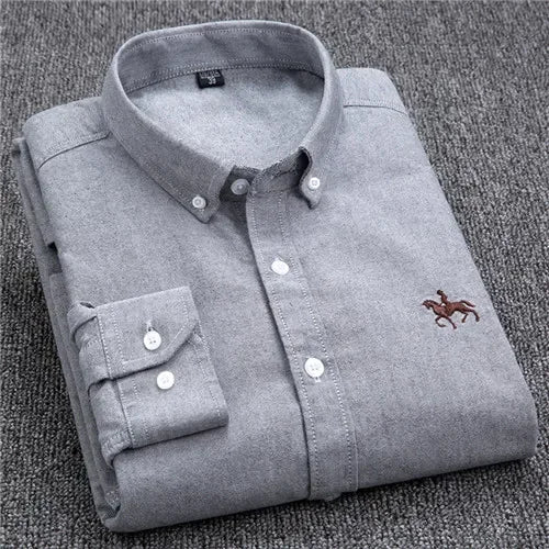 Casual Pure Cotton Oxford Mens Shirts Long Sleeve Embroidery Horse Design Regular Fit Fashion Button Man White Dress Shirt - Ellianto fashion Men's