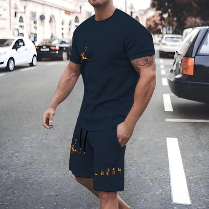 Set New Men's Fashionable Tracksuits Casual Clothing Summer Sports O-Neck Short-Sleeved T-Shirt & Drawstring Shorts Breathable Suit - Ellianto fashion Men's
