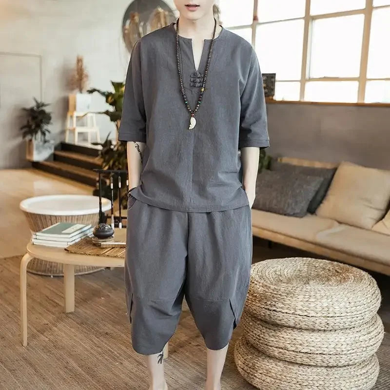 New Summer Linen Set Men's Chinese Style T-shirt Short Sleeve Two-piece Loose Seven Pants Set Male Comfortable Breathable - Ellianto fashion Men's