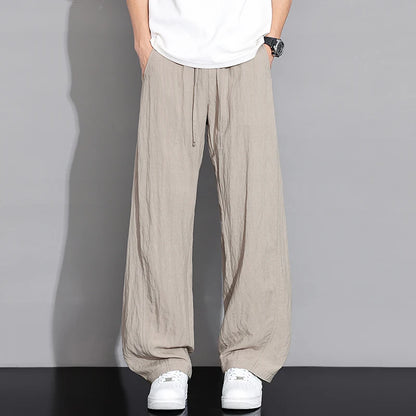 Men’s Thin Ice Silk Linen Casual Pants – Lightweight Wide-Leg Trousers with Drawstring, Straight Baggy Fit, and Elastic Waist for Effortless Comfort