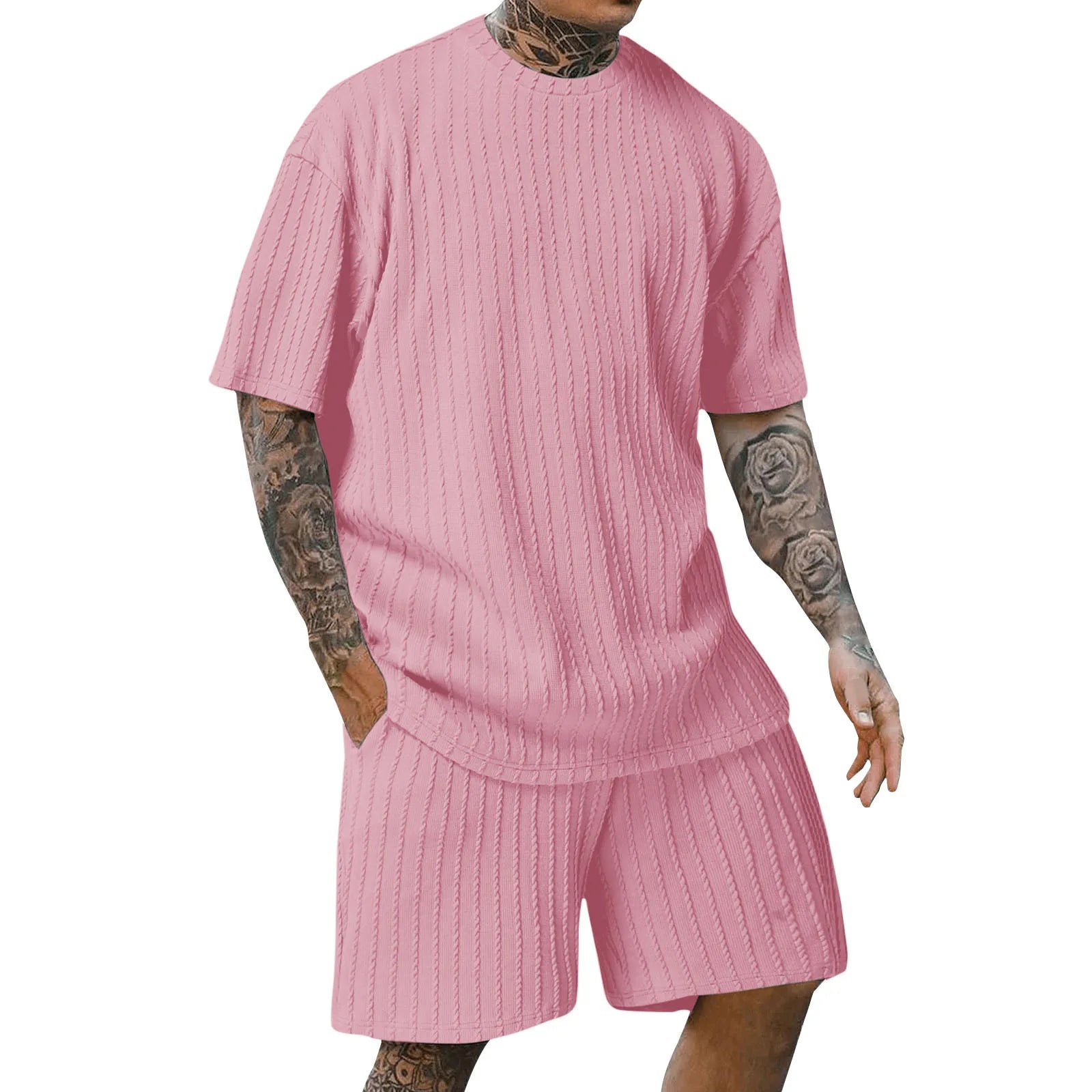 New men's sporty solid-color round-neck pullover vertical striped T-shirt, shorts and short sleeves two-piece casual set 2025 - Ellianto fashion Men's