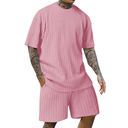 New men's sporty solid-color round-neck pullover vertical striped T-shirt, shorts and short sleeves two-piece casual set 2025 - Ellianto fashion Men's