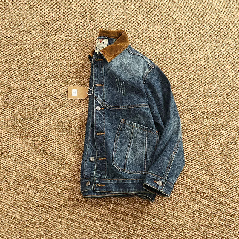 Spring New American Retro Heavyweight Neckline Contrast Color Corduroy Washed Old Cargo Denim Jacket Men's Lapel Casual Coat