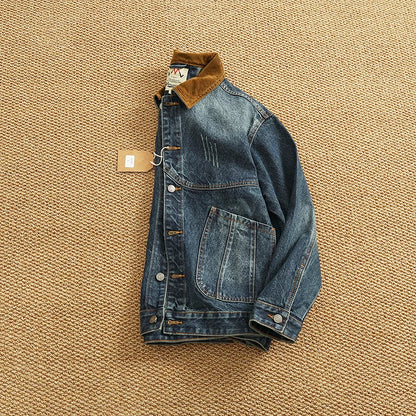 Spring New American Retro Heavyweight Neckline Contrast Color Corduroy Washed Old Cargo Denim Jacket Men's Lapel Casual Coat