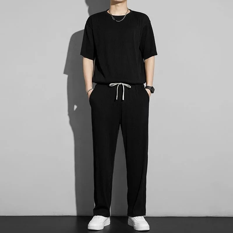 Casualsuit Ice Silk Sports Men's Summer Thin Short Sleeves T-shirt Quick Dry Long Pants Matching Half Sleeve Clothes Set - Ellianto fashion Men's