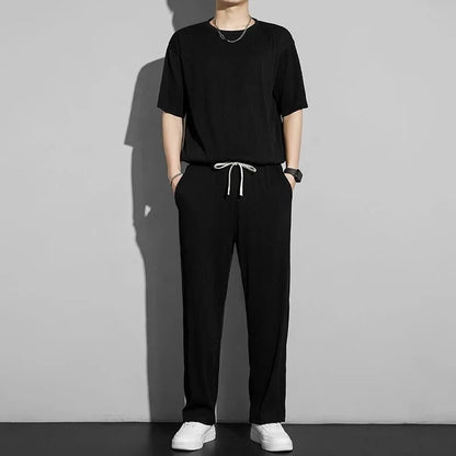 Casualsuit Ice Silk Sports Men's Summer Thin Short Sleeves T-shirt Quick Dry Long Pants Matching Half Sleeve Clothes Set - Ellianto fashion Men's