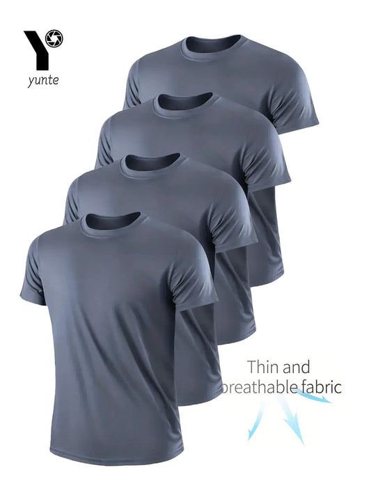 Crew T-Shirt 4Pcs Gray Ultralight Men Quick Dry Breathable Sweat Shirt for Fitness Gym and Running Light Plaid Quick Dry Short S - Ellianto fashion Men's