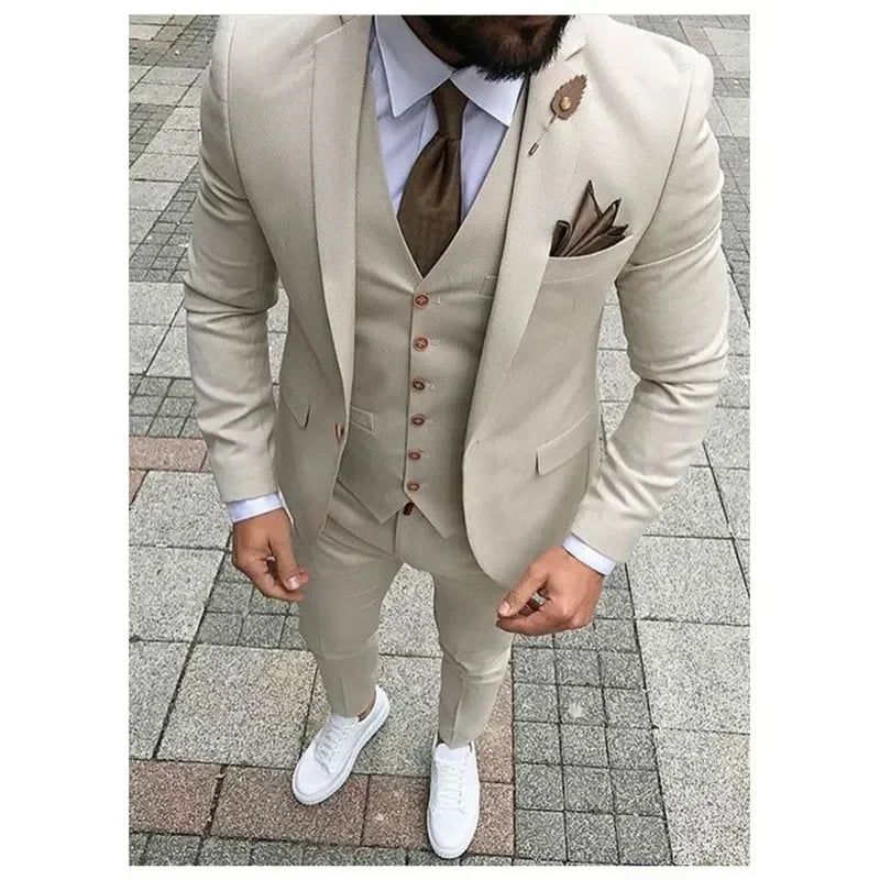 Slim Fit Formal Men Suits 3 Pcs Groom Tuxedos Notch Lapel Olive Green Groom Tuxedo for Wedding Best Man (Jacket + Vest + Pants) - Ellianto fashion Men's