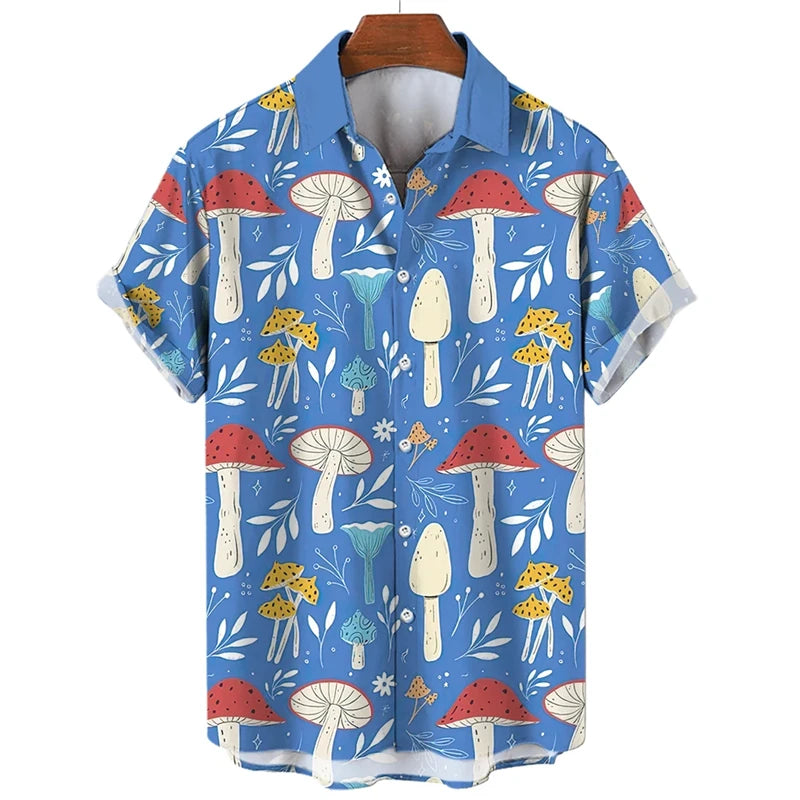 Mushroom 3D Printed Shirts For Men Clothes Cartoon Harajuku Fashion Agaricus Campestris Graphic Blouses Hawaiian Y2k Beach Tops - Ellianto fashion Men's