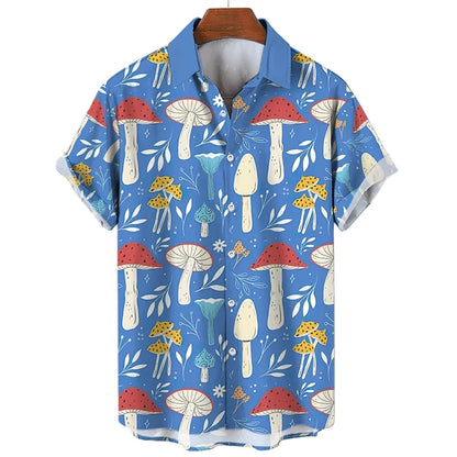 Mushroom 3D Printed Shirts For Men Clothes Cartoon Harajuku Fashion Agaricus Campestris Graphic Blouses Hawaiian Y2k Beach Tops - Ellianto fashion Men's