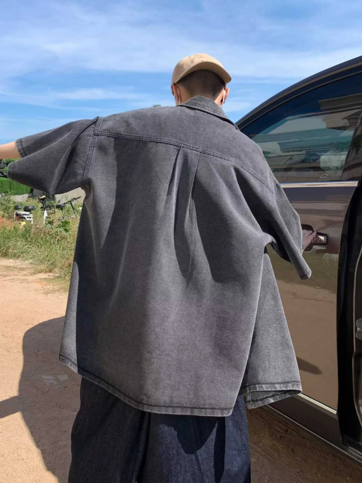Loose Fit Men's Denim irt ort Sve Five-Quarter Sve Youth Trend Summer Casual Pure Color Workwear Sle Outerwear - Ellianto fashion Men's