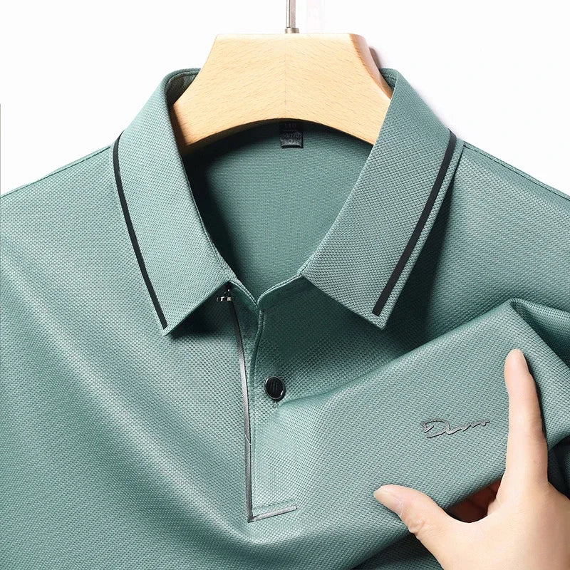 New Men's Business Casual Long Sleeved Shirt with Badge Solid Color Polo Shirt Fashionable Breathable Comfortable Versatile Top - Ellianto fashion Men's