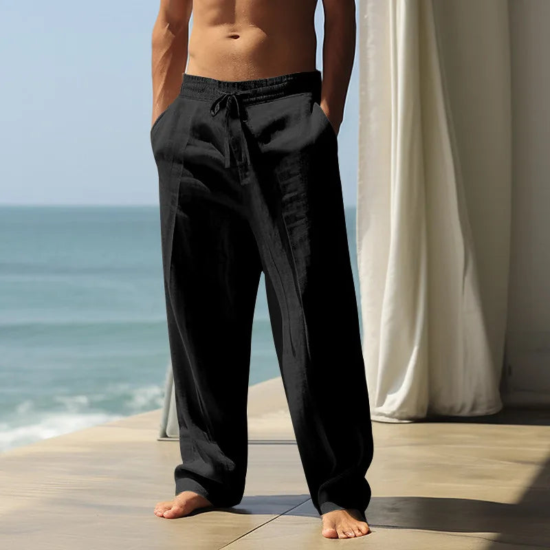 Men's Summer Drawstring Waist Wide Leg Loose Cotton Linen Yoga Pants Beach Casual Trousers with Pockets Casual Lightweight Pants - Ellianto fashion Men's