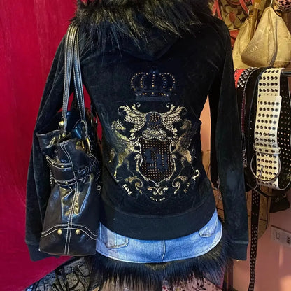 American Retro Fur Collar Flag Printing Oversize Zipper Hoodie Men's and Women's Y2K New Harajuku Hip Hop Goth Casual Sweatshirt