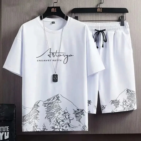 Ice Sensation Loose Fit Summer Short Sleeve Basketball Men's T-Shirt Set Quick Dry Breathable Comfortable Two Piece Suit - Ellianto fashion Men's