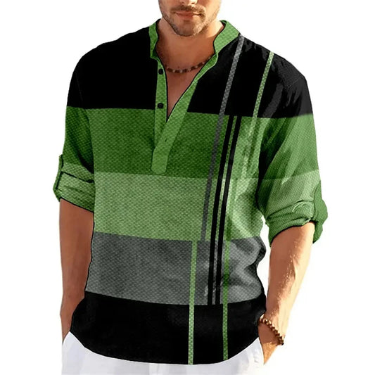 Men's Striped Color Block 3D Print Henley Shirts Fashion Streetwear Stand Collar Long Sleeve Shirt Male Tops Blouse Man Clothing - Ellianto fashion Men's