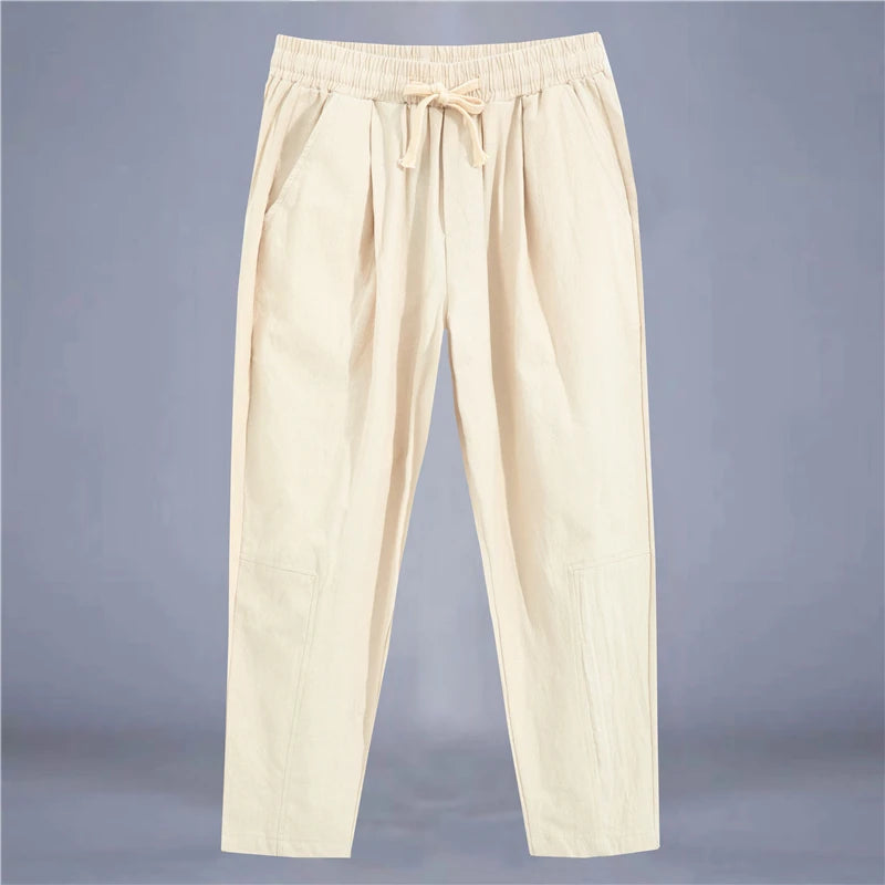 Men's Trousers Cotton Linen Fashion Casual Pants Solid Color Breathable Loose Shorts Straight Drawstring Pants Streetwear Men - Ellianto fashion Men's