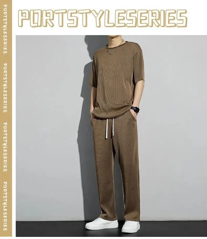 Casualsuit Ice Silk Sports Men's Summer Thin Short Sleeves T-shirt Quick Dry Long Pants Matching Half Sleeve Clothes Set - Ellianto fashion Men's