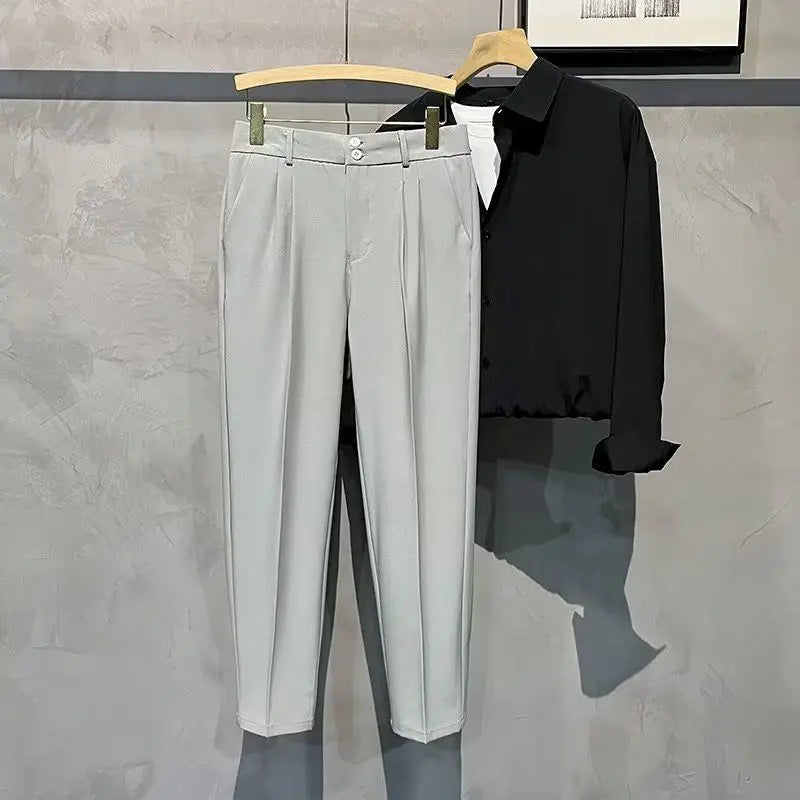 Straight Slim Fit Man 9 Cropped Suits Pants Vintage Elegant Suit Trousers for Men Summer 2025 Work Wear Fashion Luxury Clothing - Ellianto fashion Men's