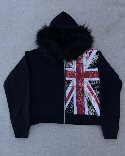 American Retro Fur Collar Flag Printing Oversize Zipper Hoodie Men's and Women's Y2K New Harajuku Hip Hop Goth Casual Sweatshirt
