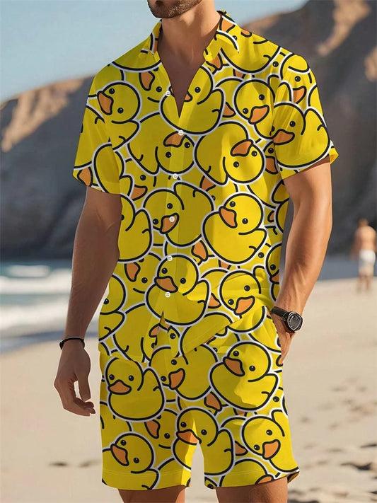 Hawaii Shirt Set Mens Yellow Duck Print Fashion Pattern Summer Fashion Casual Daily Large Button Down Shirt Shorts Two Piece Set - Ellianto fashion Men's