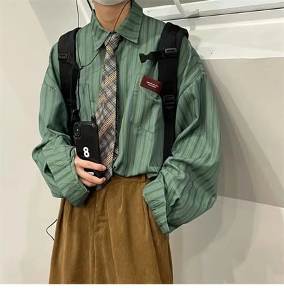2023 Japanese Vintage Striped Long-Sleeve Shirt – Lightweight Comfort and Effortless Spring-Autumn Style for the Modern Gentleman