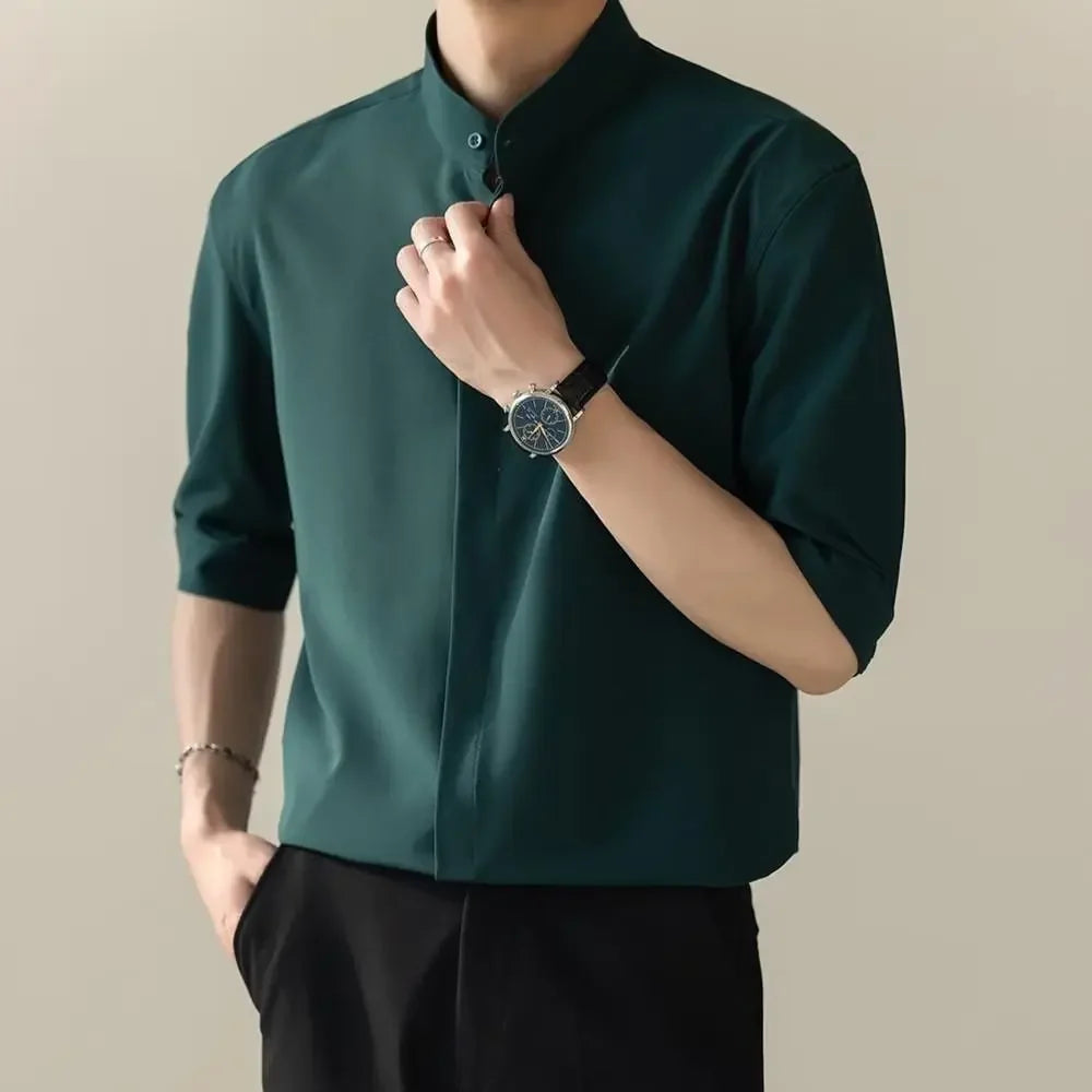 Summer Stand-Collar Ice Silk Shirt – Lightweight, Smooth Fit for Effortless Style and Cool Confidence